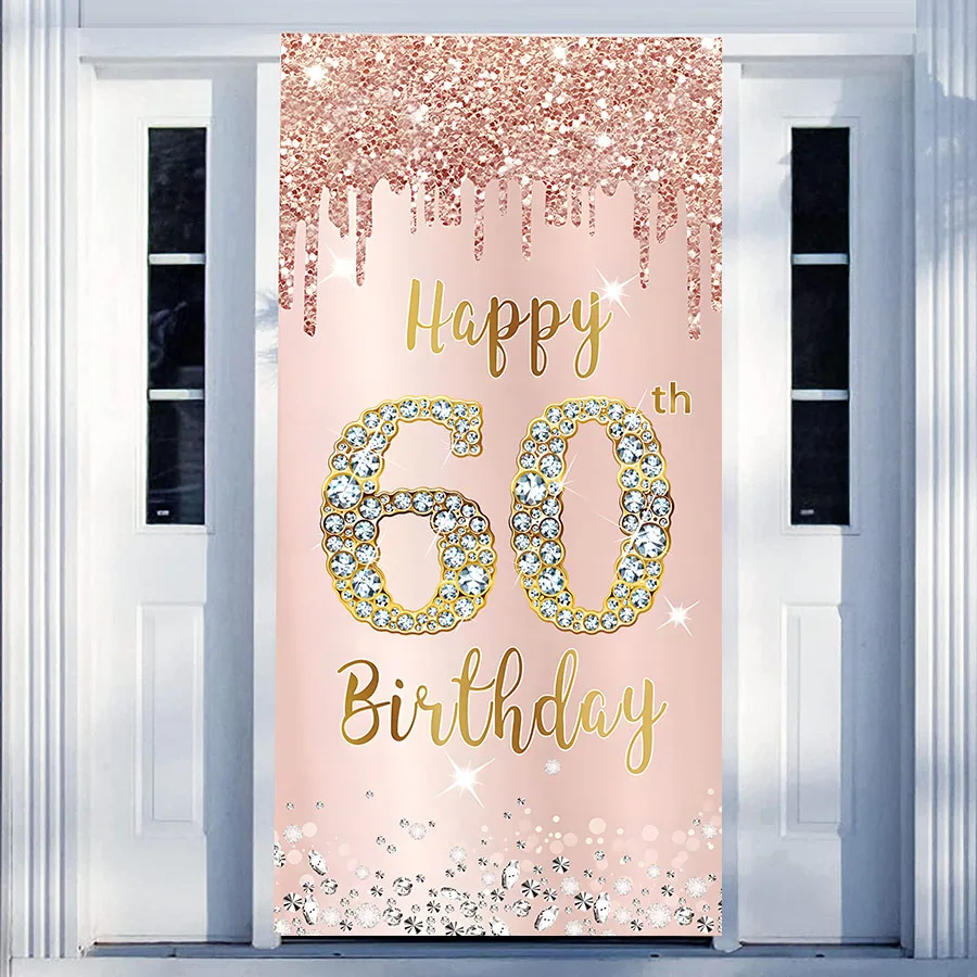 

Rose Gold Happy 60th Birthday Party Decoration Door Banner Backdrop for Women Sixty 60 Years Old Pink Photography Background