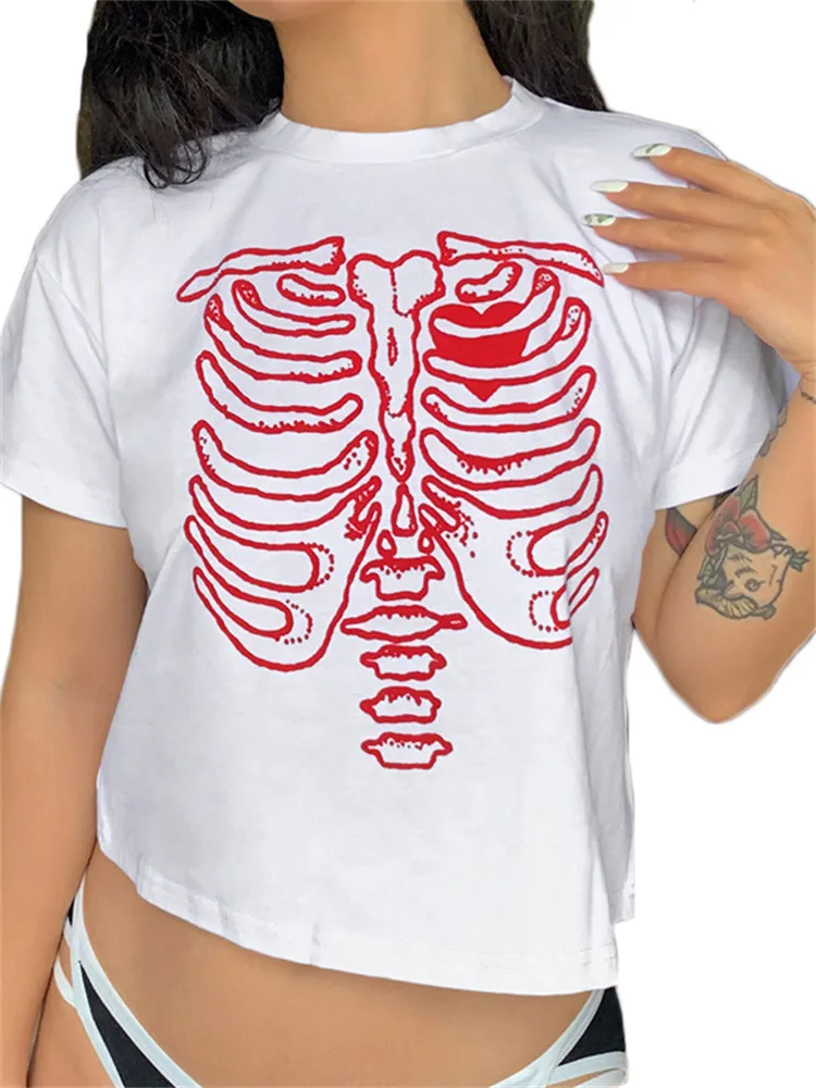 

Gothic Skull Print T-shirt Punk Streetwear Summer Women Vintage Casual O-neck Slim Basic Crop Top Y2K Harajuku T-shirt LR2315