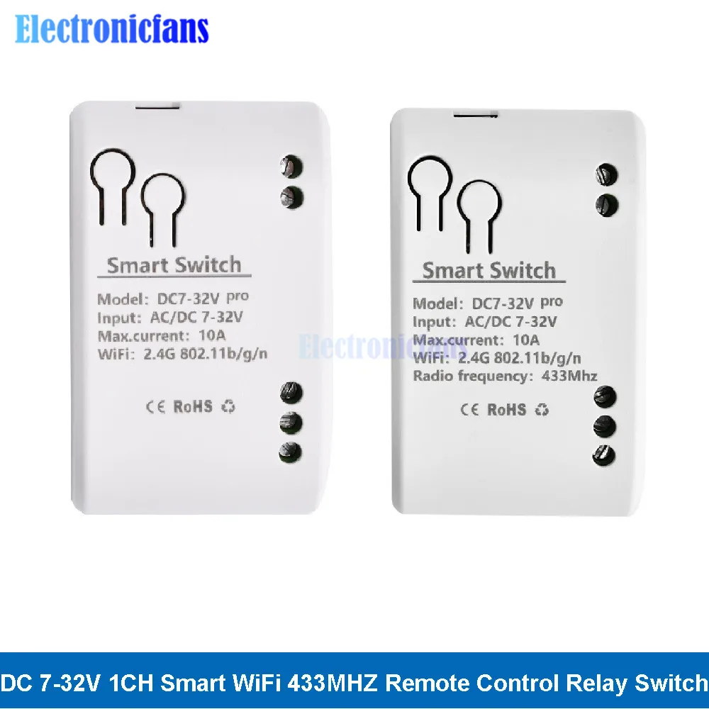 Умное реле Wi-Fi постоянного тока 7-32 В, 2200 Вт, 10 А, 12 В, 1-канальное реле RF для приложения eWeLink, 433 МГц, дистанционное управление, самоблокирующийся коммутационный модуль с USB-портом 5 В