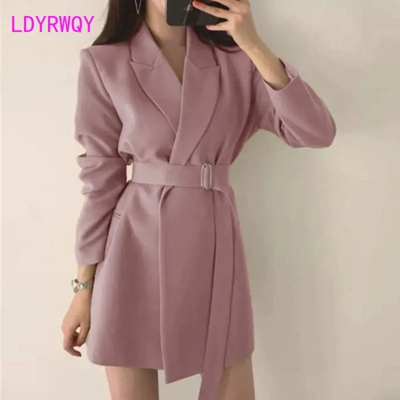 Suit coat woman 2023 spring and autumn new Korean version loose and thin belt medium and long khaki small suit woman