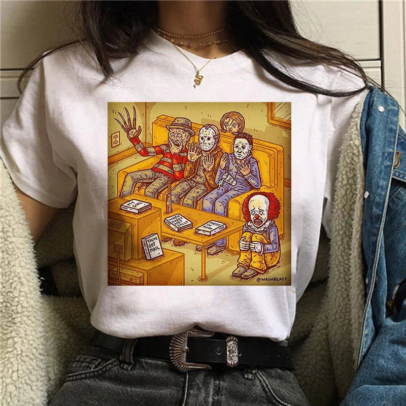 Horror Friends Pennywise Michael Myers Jason Voorhees Halloween Women T-Shirt Top Ouija T Shirt Camiseta Female T Shirt tops images - 6