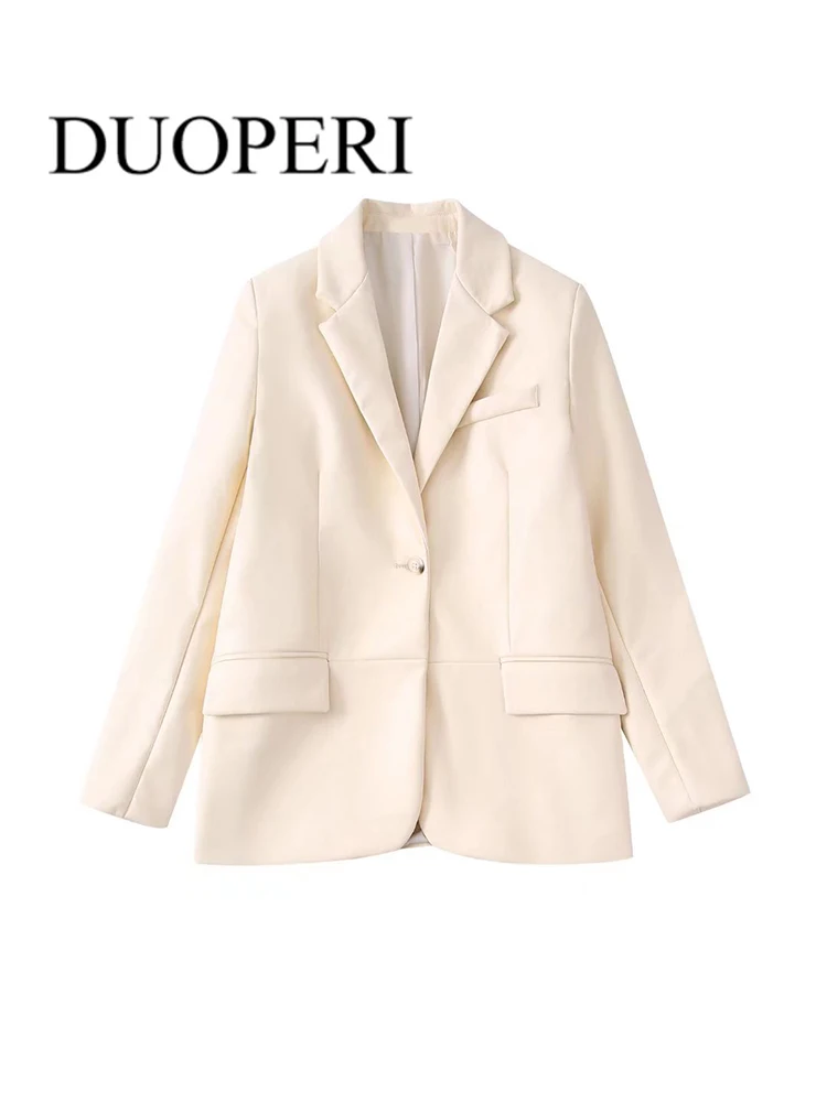 

DUOPERI Women Fashion Officewear PU Blazer Jacket Vintage Long Sleeve Single Button Female Outwear Outfits Mujer