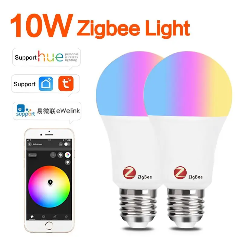 

Светодиодная лампа Zigbee Smart Life E27 RGBCCT, беспроводной Точечный светильник с регулируемой яркостью и голосовым управлением через приложение, ко...