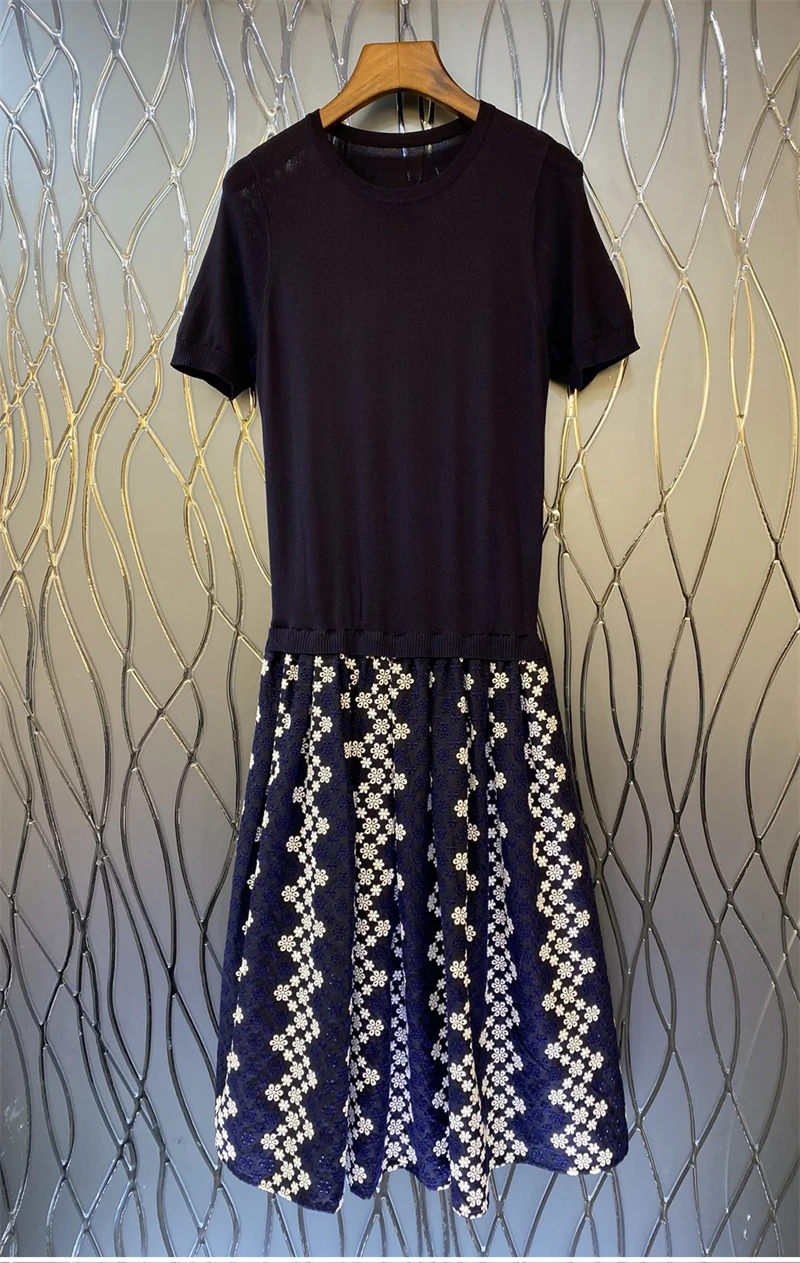 

Женское трикотажное платье-свитер, повседневное длинное платье до середины икры с цветочной вышивкой и коротким рукавом в стиле пэчворк, осень 2022