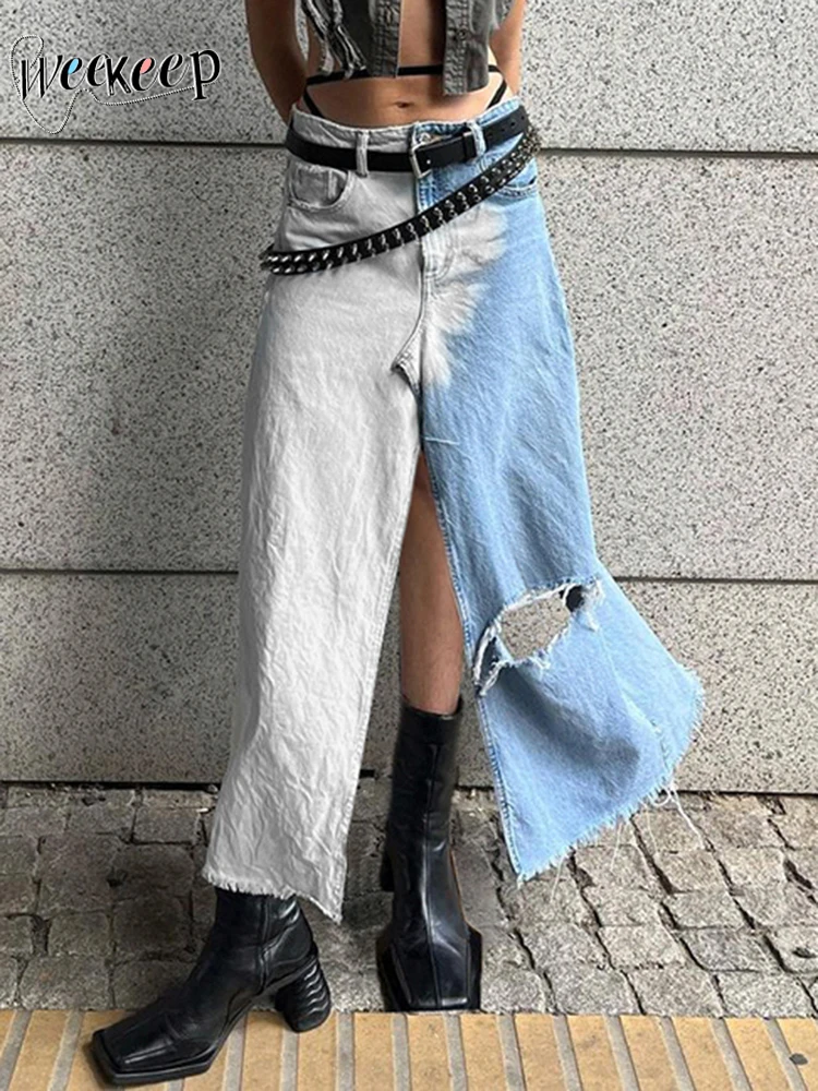 

Weekeep Chic Split Denim Long Skirt Vintage y2k Patchwork Summer Fashion Midi Skirts for Women Streetwear Contrast Outfits Basic