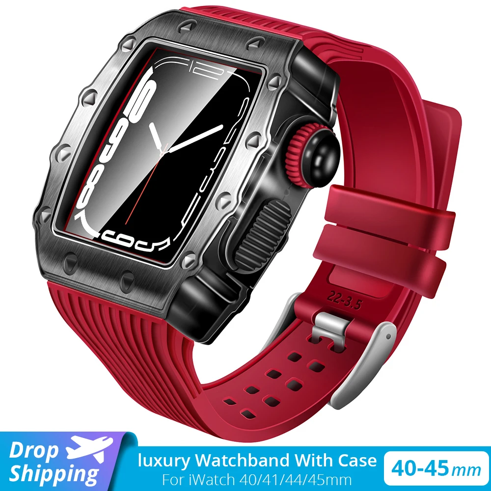 

Luxury Silicone Watch Band with Case for Apple iWatch Serie 8/7/6/5/ TPU Bracelet For Apple Watch 7 45MM 44mm 40mm Cover Band