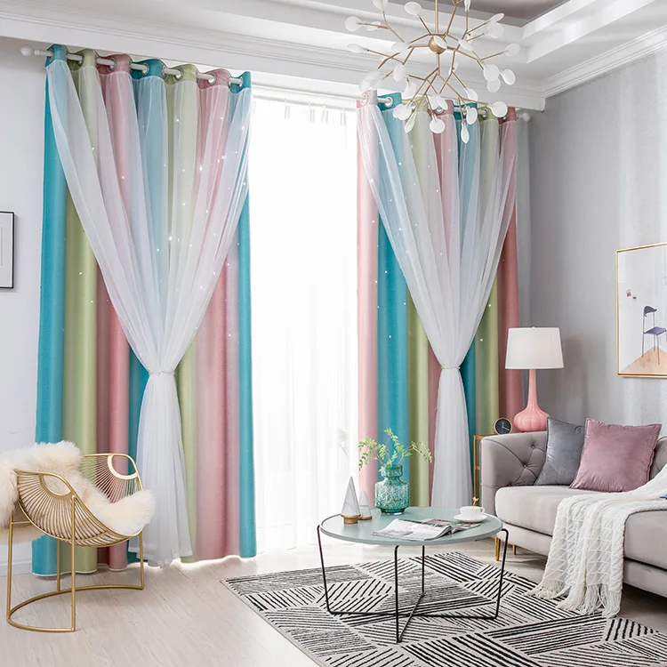 

No punching gradient hollow star blackout curtain Double printed curtain fabric Study bedroom curtain yarn