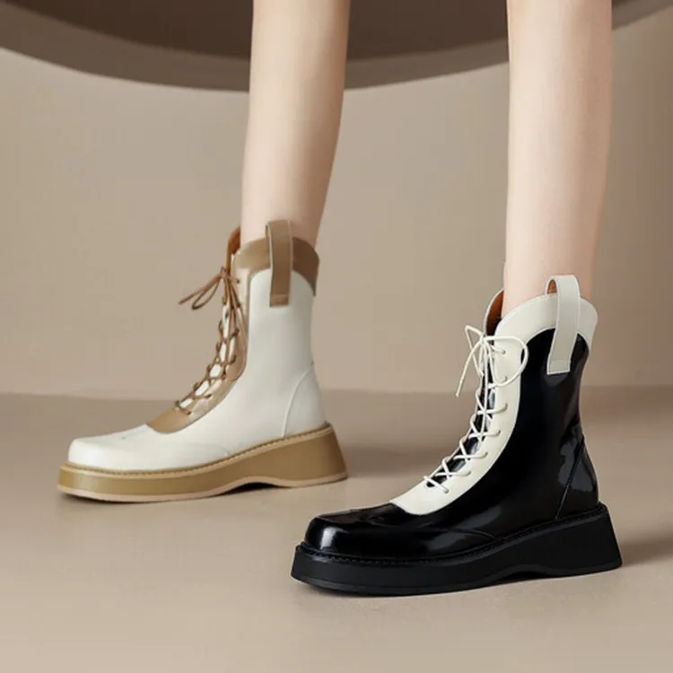 

2022Beige Mixed Apricot Women Short Boots Patent Leather Autumn Tenis Botas Platform Black Rain Winter Botines Femininos Sapatos