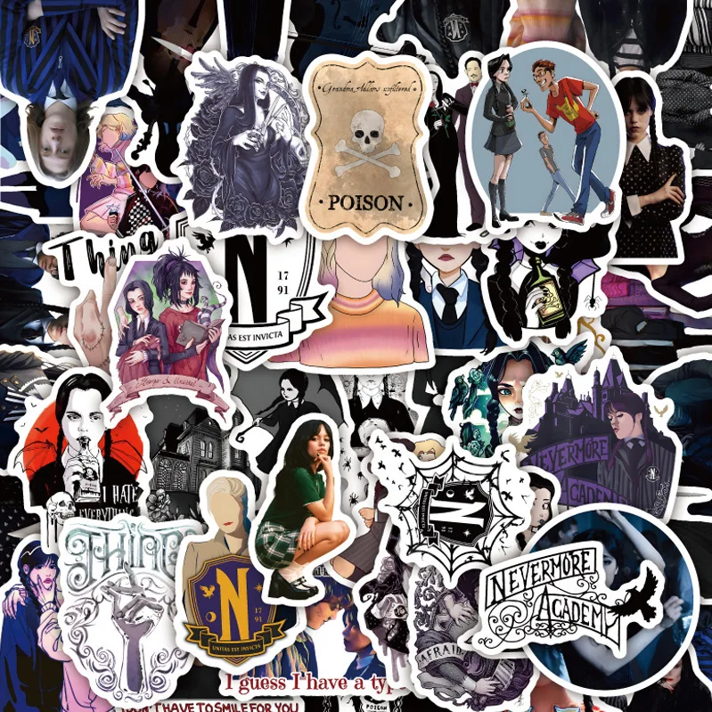 

100Pcs Popular Nevermore Academy Wednesday Stickers Addams Scrapbook Phone Luggage Graffiti Guitar Decal Tv Series Stickers