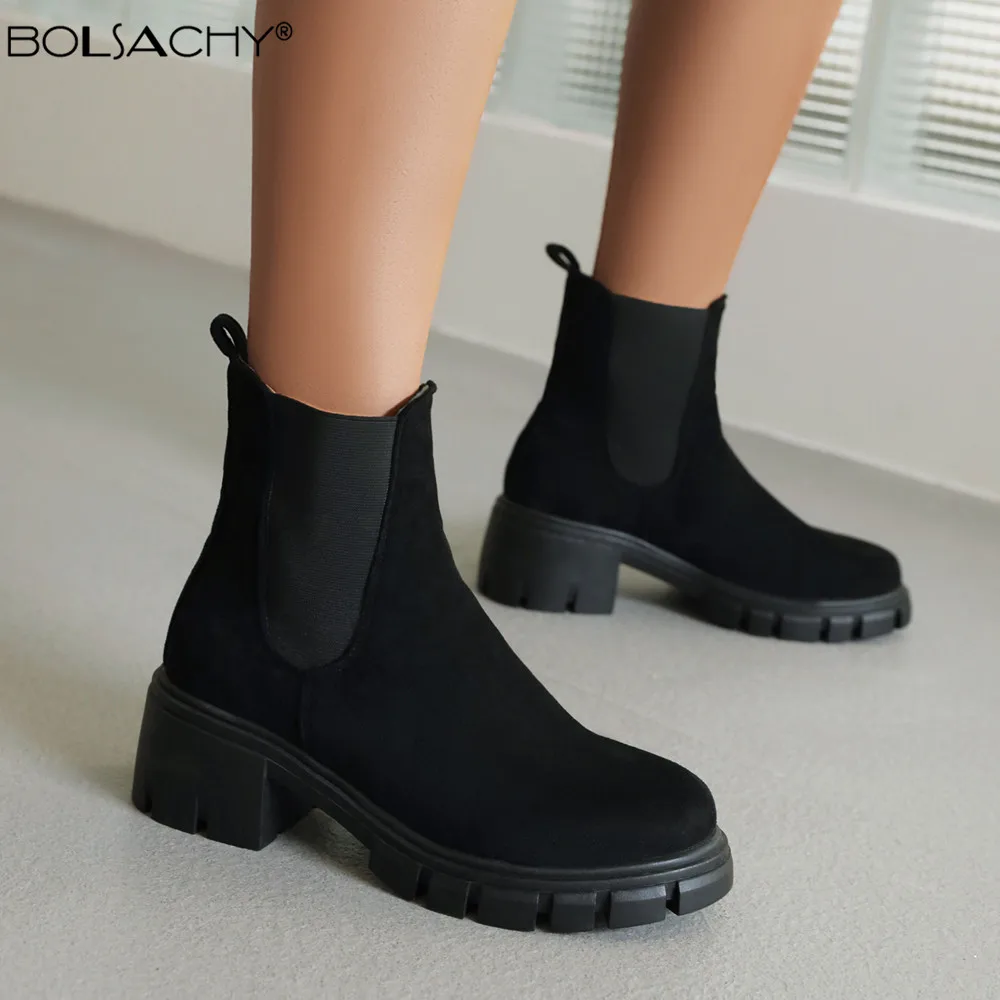 

Fashion Black Ankle Boots For Women Thick Heels Spring Autumn Flock Platform Shoes High Heels Black Slip-on Ladies Boots 35-43