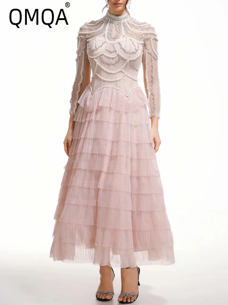 QMQA Модные женские однотонные дизайнерские платья из бисера элегантное платье с