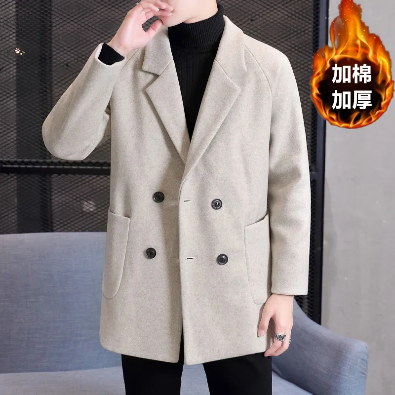 

Men's fashion business trend handsome high-end plus cotton thickening medium-length tweed coat broad version drop shoulderjacket