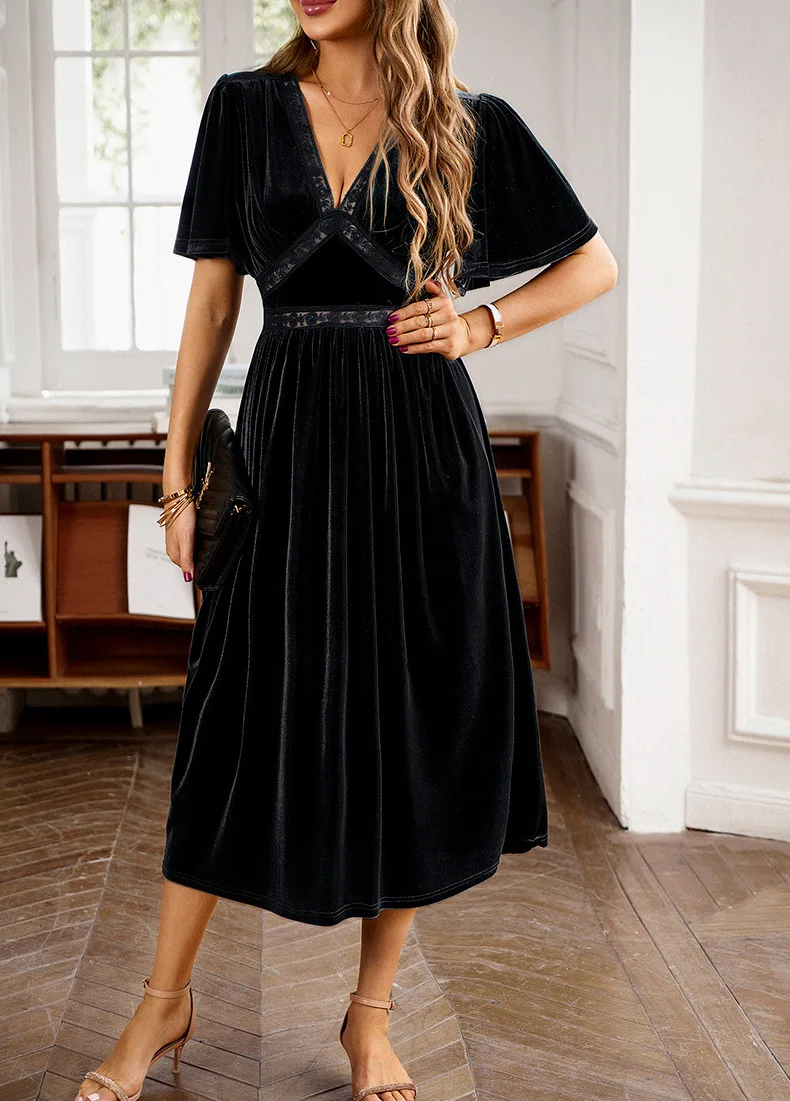 

2023New Hot Dress,Velvet Dress Autumn Elegant V-neck Short Sleeve Long Dress