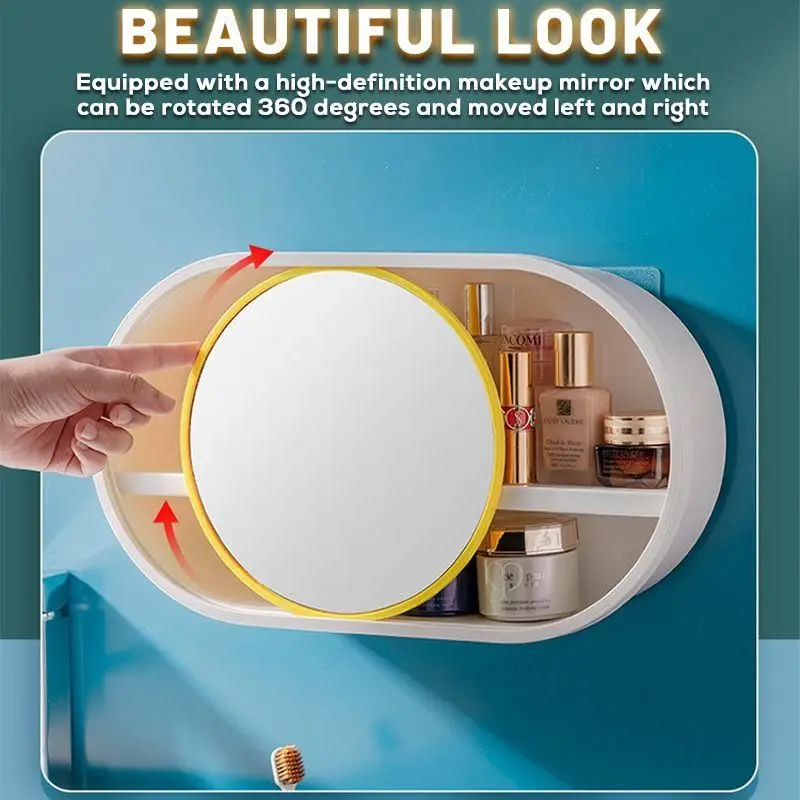 Waterproof Cosmetic Storage Box Wall-mounted Bathroom Beauty Makeup Organizer with Mirror Traceless skincare organizer |