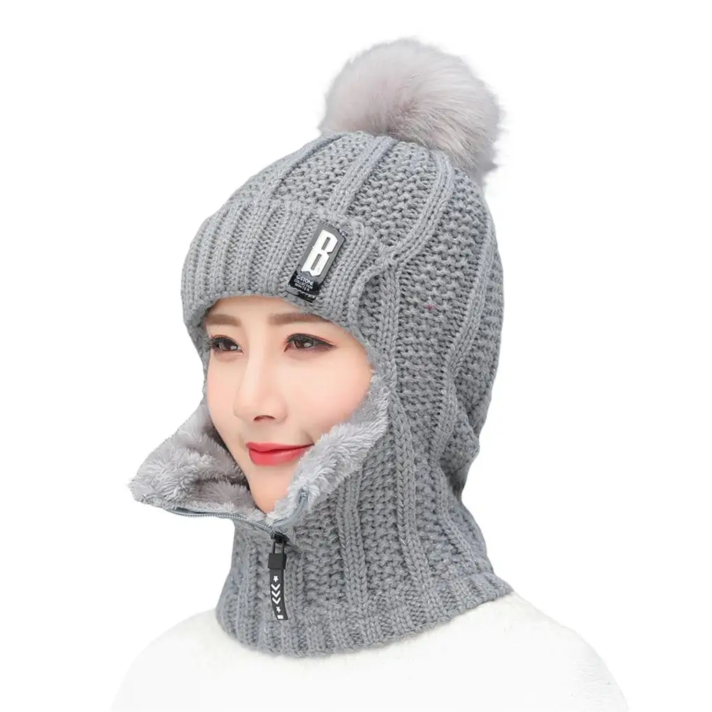 

Зимние вязаные шапки, теплый ветрозащитный толстый теплый шейный Воздухопроницаемый головной убор на молнии, шарф, Женский комплект для пр...