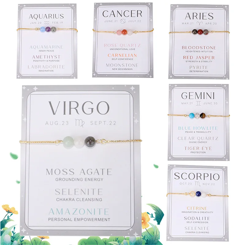 

Zodiac Sign 12 Constellation Bracelet for Women Crystal Amethyst Moonstone Beaded Bracelet Box Chain Charm Jewelry Gifts