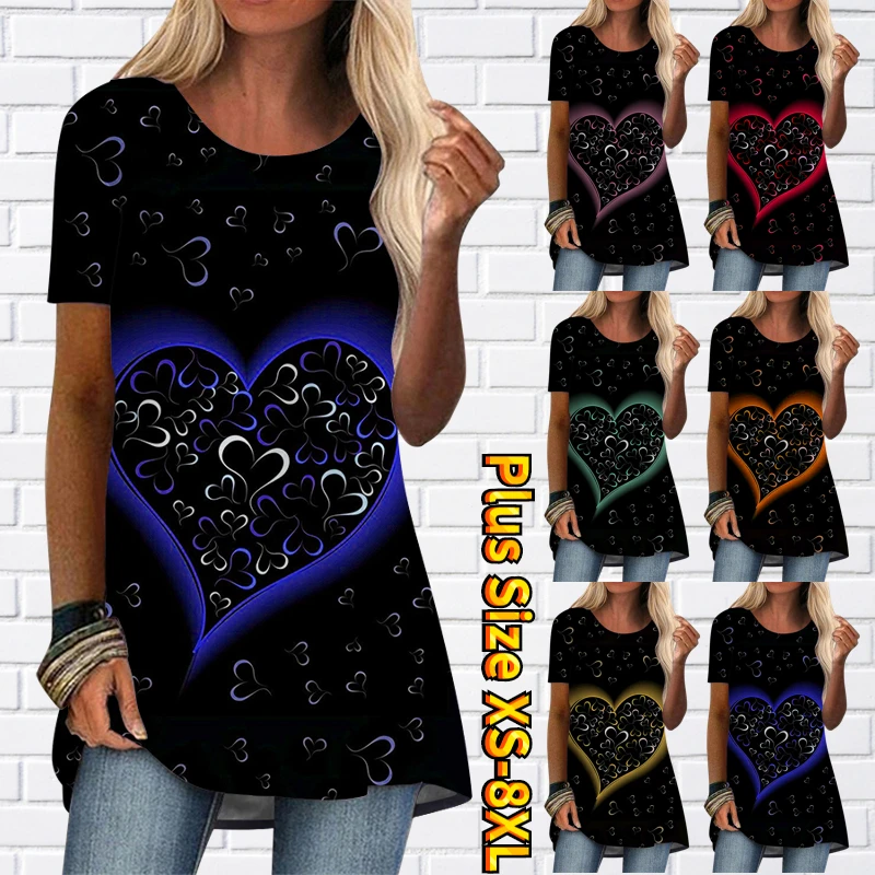 

2022 New Love Heart Printed T-shirt Summer Women Loose Short Sleeve Round Collar 3D Printed Shirt Street Simple Style Pullover