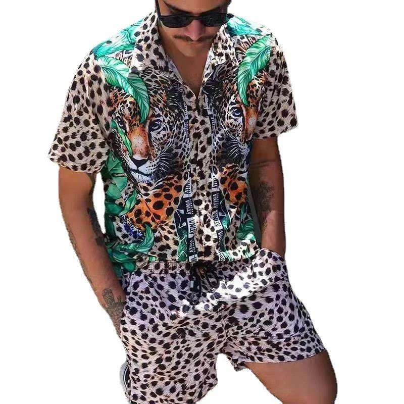 

Повседневные Гавайские комплекты для мужчин, летние костюмы из двух предметов с леопардовым принтом тигра и пуговицами фото + шорты