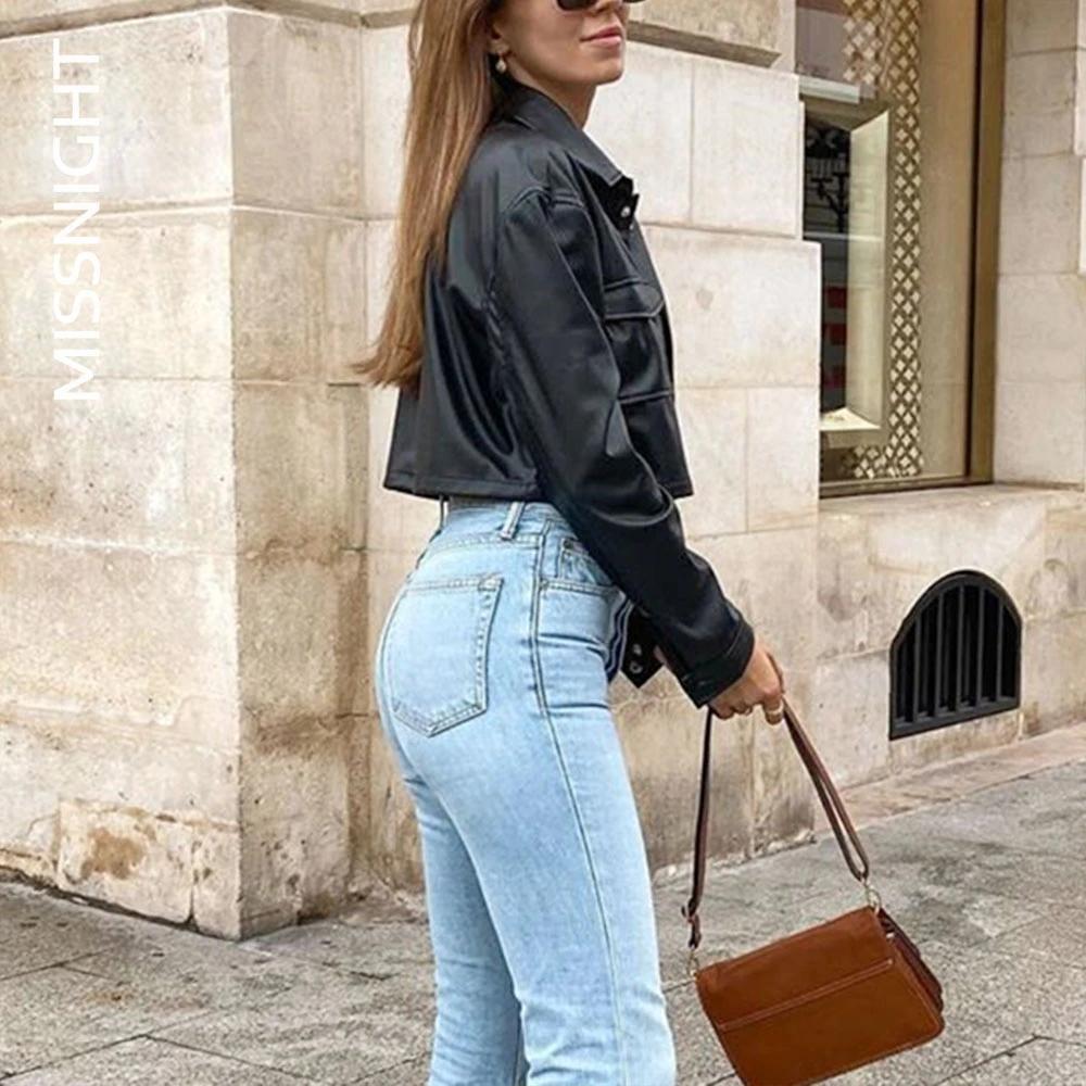 Women Cropped PU Leather Coat Jacket Winter Female Fashion Pockets Lapel Collar Solid Blazer Single Breasted Long Sleeve Jacket