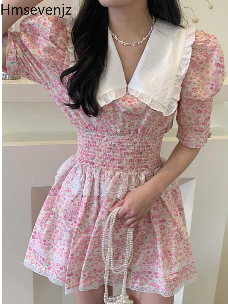 

Hmsevenjz Pink Floral Dress Women Kawaii Short Puff Sleeves Korean Chic Summer 2022 Doll Collar Folds Skinny Waist Lady Dresses