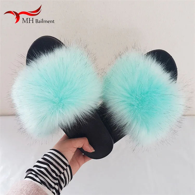 Large Flully Fur Slides For Women Indoor Shoes Faux Fox Fur Slippers Plush Sandals Flats Woman Raccoon Fur Flip Flops