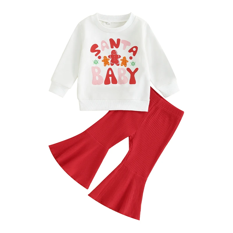 

Рождественская одежда для маленьких девочек, одежда для маленьких девочек, свитшот с Санта-Клаусом, расклешенные брюки, 2 предмета