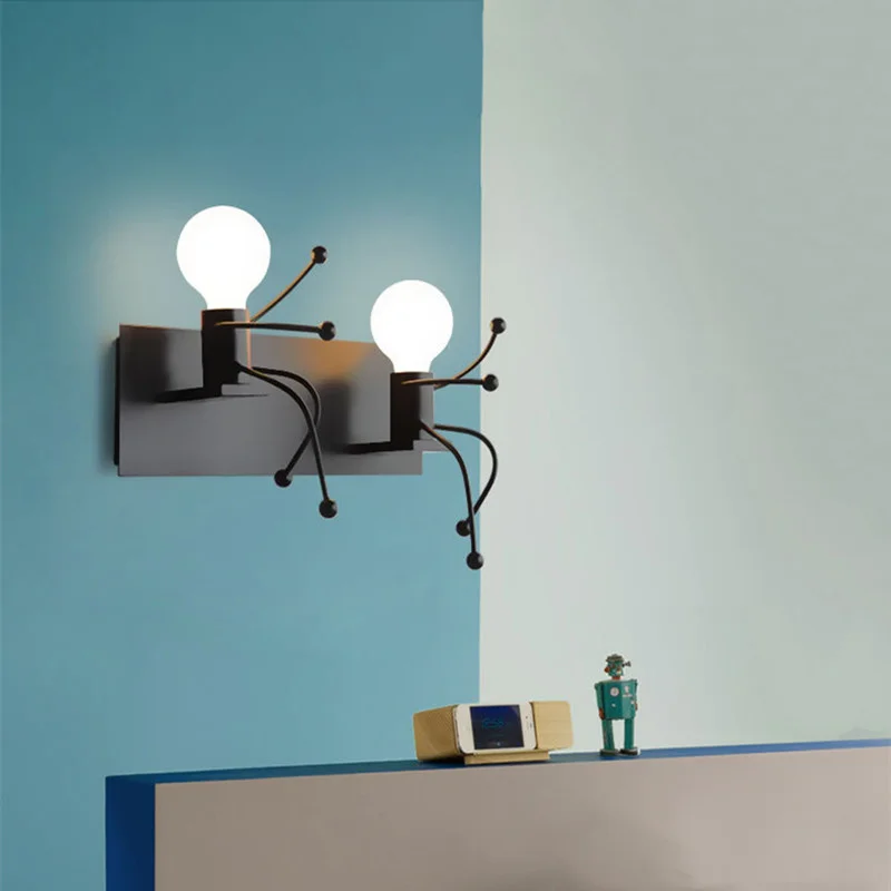 

Nordic Creative Personality Simple Ironwork Wall Lamp for Living Room Bedroom Bedside Children's Room Matchstick Man Wall Light