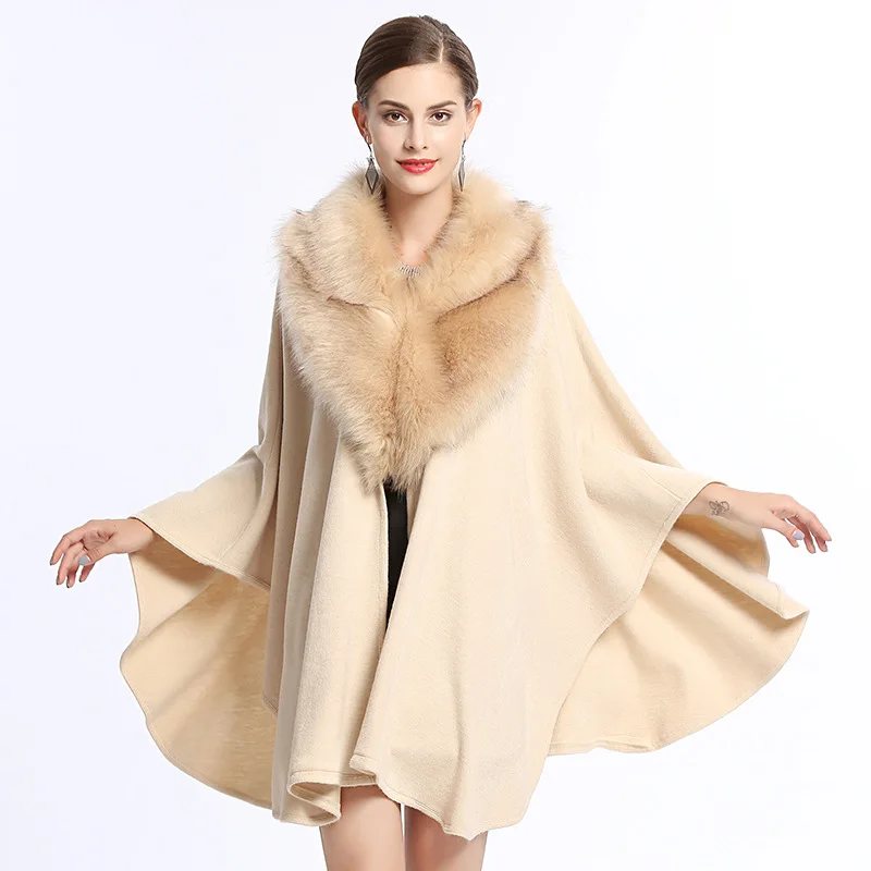 C4007 Autumn Winter Plus Size Women's Knitted Cape Cloak Coat Faux Fox Fur Collar Outwear Ponchos Lady's Cardigan Poncho Coat
