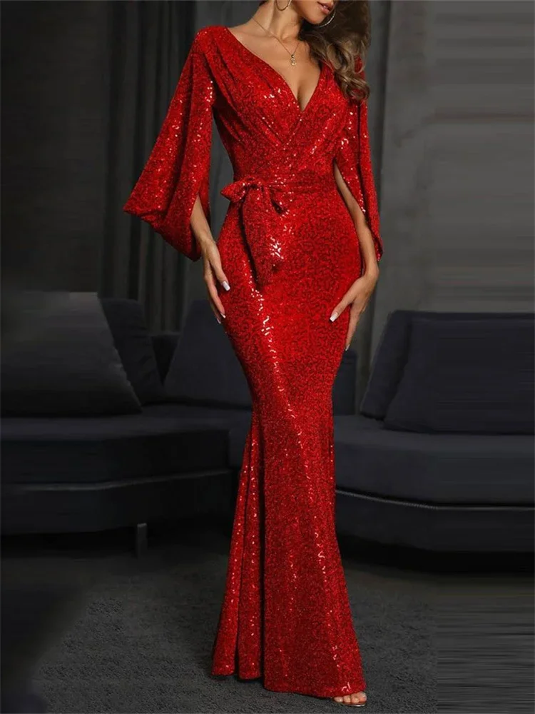 

Solid Sexy Dress New Fashion Slim Split Sequins Maxi Dresses for Women 2023 Elegant Chic Floor Length Evening Dresses