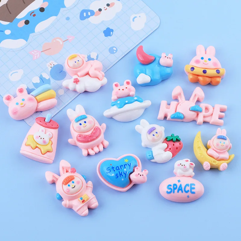 

100pcs Kawaii Cartoon Space Rabbit Astronaut Flying Saucer Flatback Resin Cabochons Crafts DIY Phone Decoration Hair Accessories