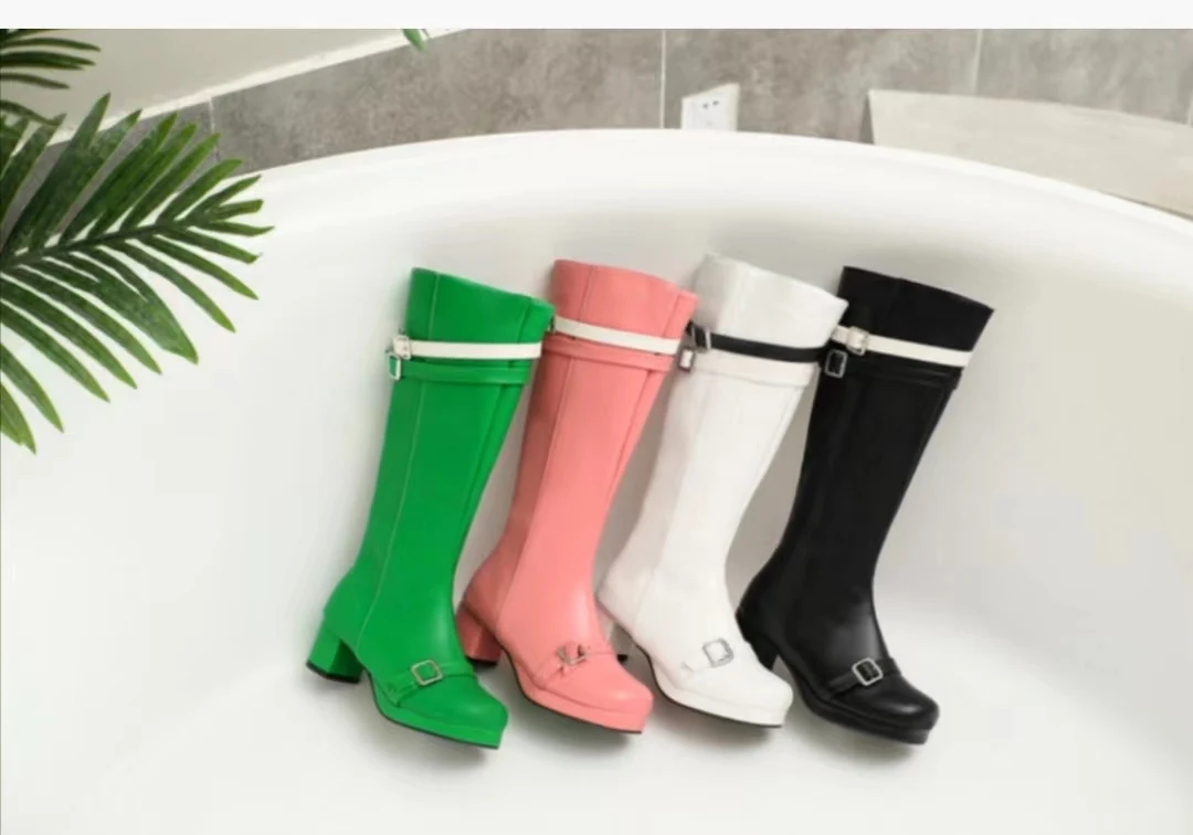 

Belt Buckles Bulky Heel Boots Autumn New Style Side Zipper Fashionable Knee High Pink Green White Black Bright Boots Woman