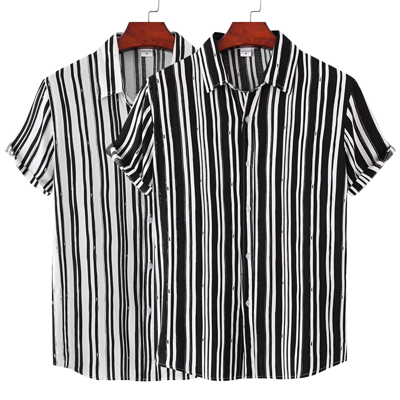 

Мужская летняя рубашка из хлопка и полиэстера, с короткими рукавами, в полоску, дышащая Гавайская пляжная Мужская футболка