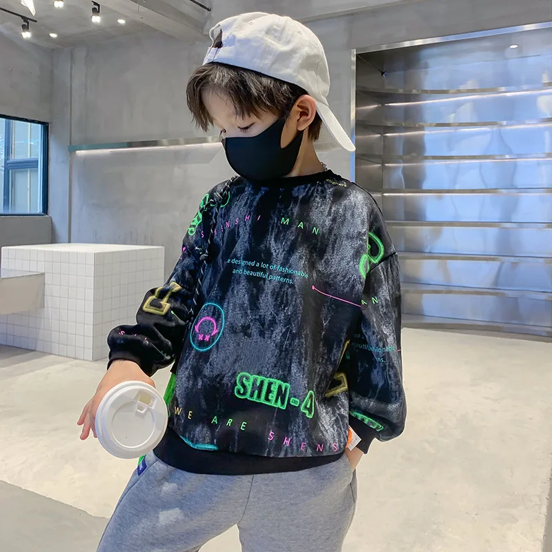 

Осень-зима 2022, одежда для мальчиков, детские футболки с надписью, свободная хлопковая Футболка с круглым вырезом, футболки