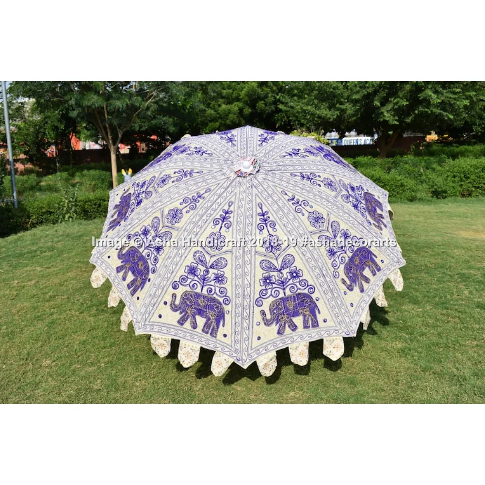 

Новый красивый садовый зонт с вышивкой белого и фиолетового слона, индийский свадебный садовый зонт, уличный зонтик для внутреннего дворика, защита от солнца