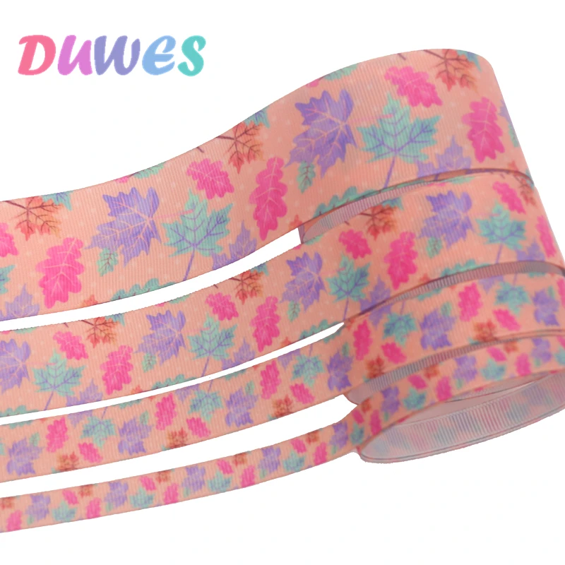 

DUWES 4 sizes options 50yards leafs flowers Printed Grosgrain Ribbon Accessory Hairbow Headwear Decoration DIY Wholesale D1339