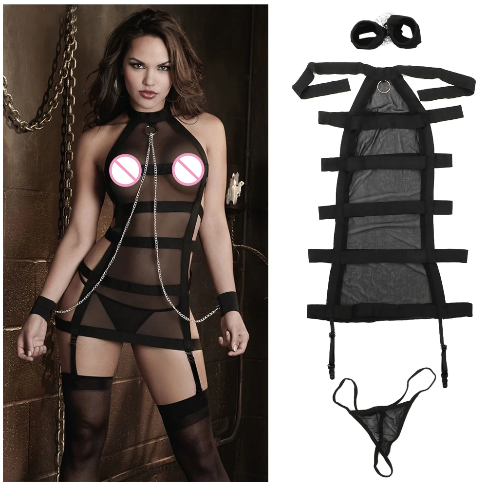 

Exotic Costumes Role Play Perspective Handcuffs Open Crotch Shackle Bundled Sexy lingerie Underwear Kit Sexy Black Mesh