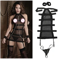 exotic costumes role play perspective handcuffs open crotch shackle bundled sexy lingerie underwear kit sexy black mesh