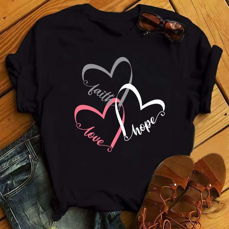 

Women T Shirt Funny Love Heart Casual T-shirt Summer Casual Short Sleeve Harajuku Tops New Graphic Woman Tees Black Tops