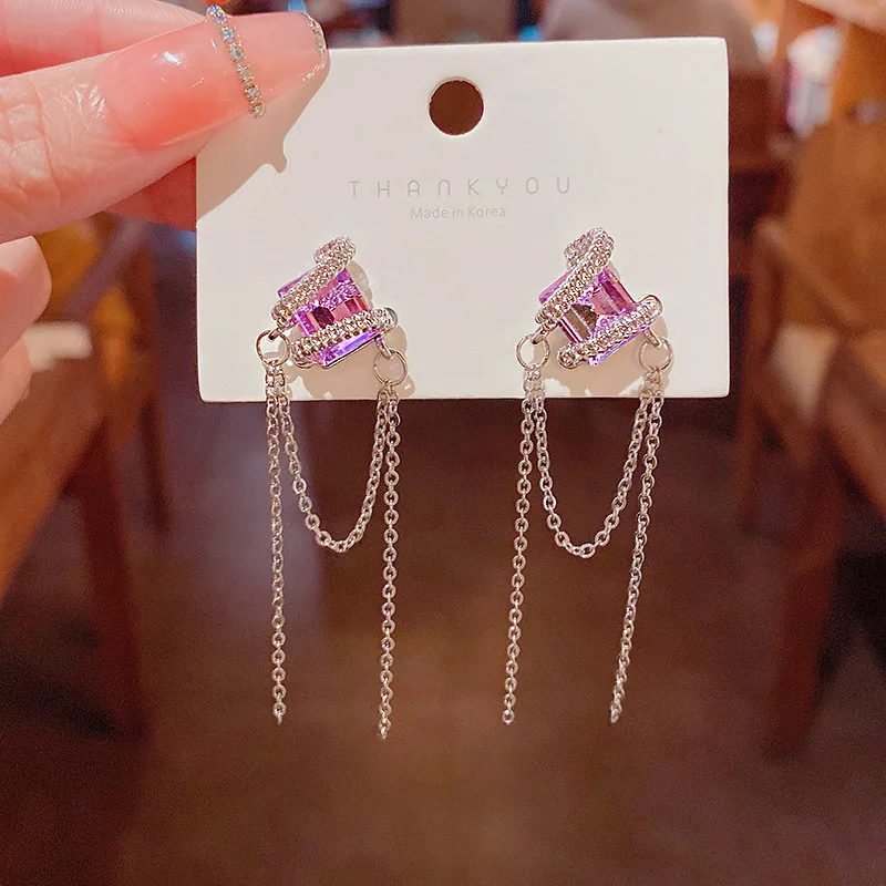 

Fashion Wedding Party Fuchsia Crystals Tassel CZ Drop Dangle Elegant Earrings For Women Ear Jewelry