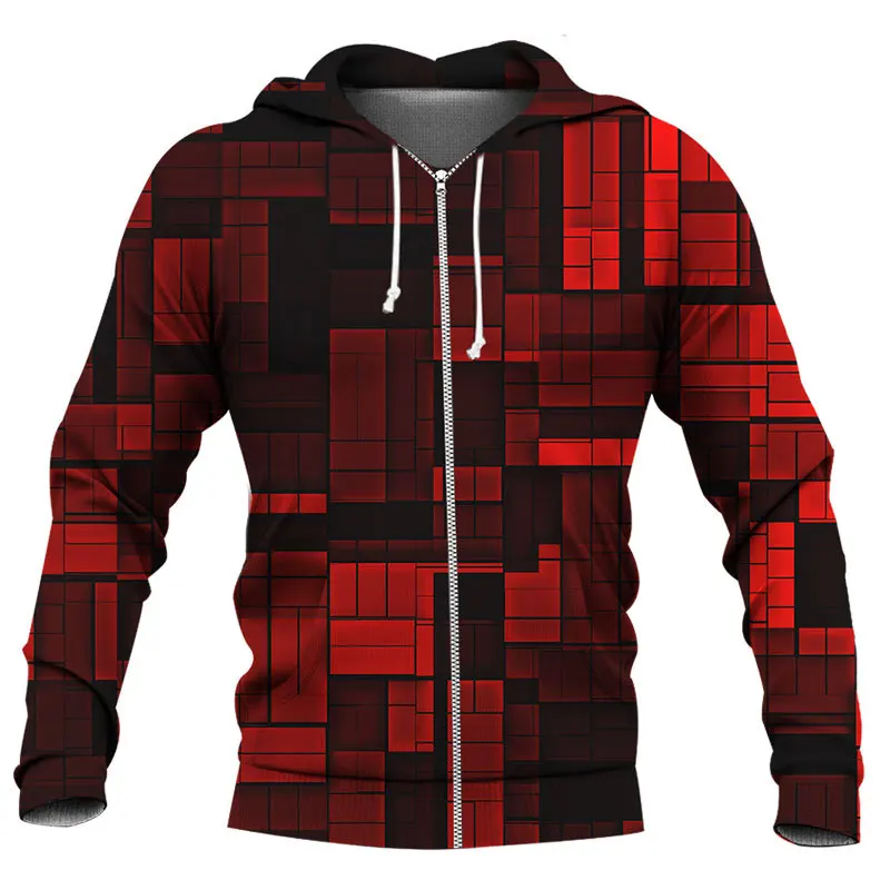 

3D Print Red Black Checked Zip Up Hoodie Pullover Essentials Sweatshirt For Men Long Sleeve With Hood Thick Wool Top Clothing