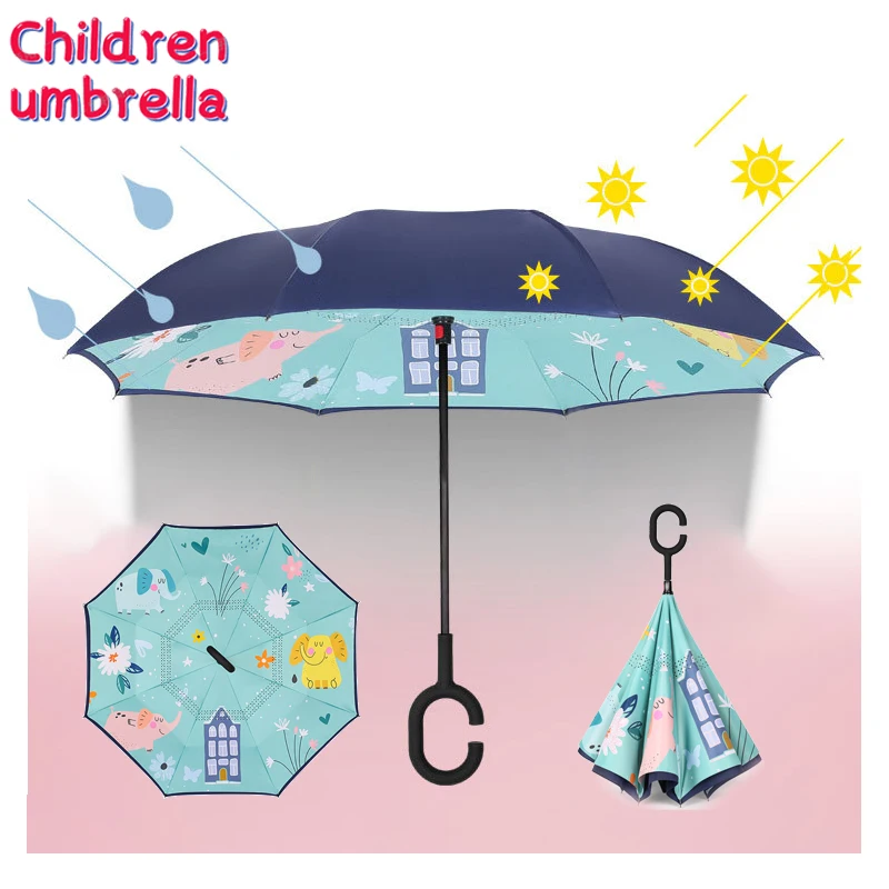 2022 Hot Children Double Layer Reverse Umbrella Cartoon Animal Sunscreen Handle Free Long Umbrella for Boys Girls Free Shipping
