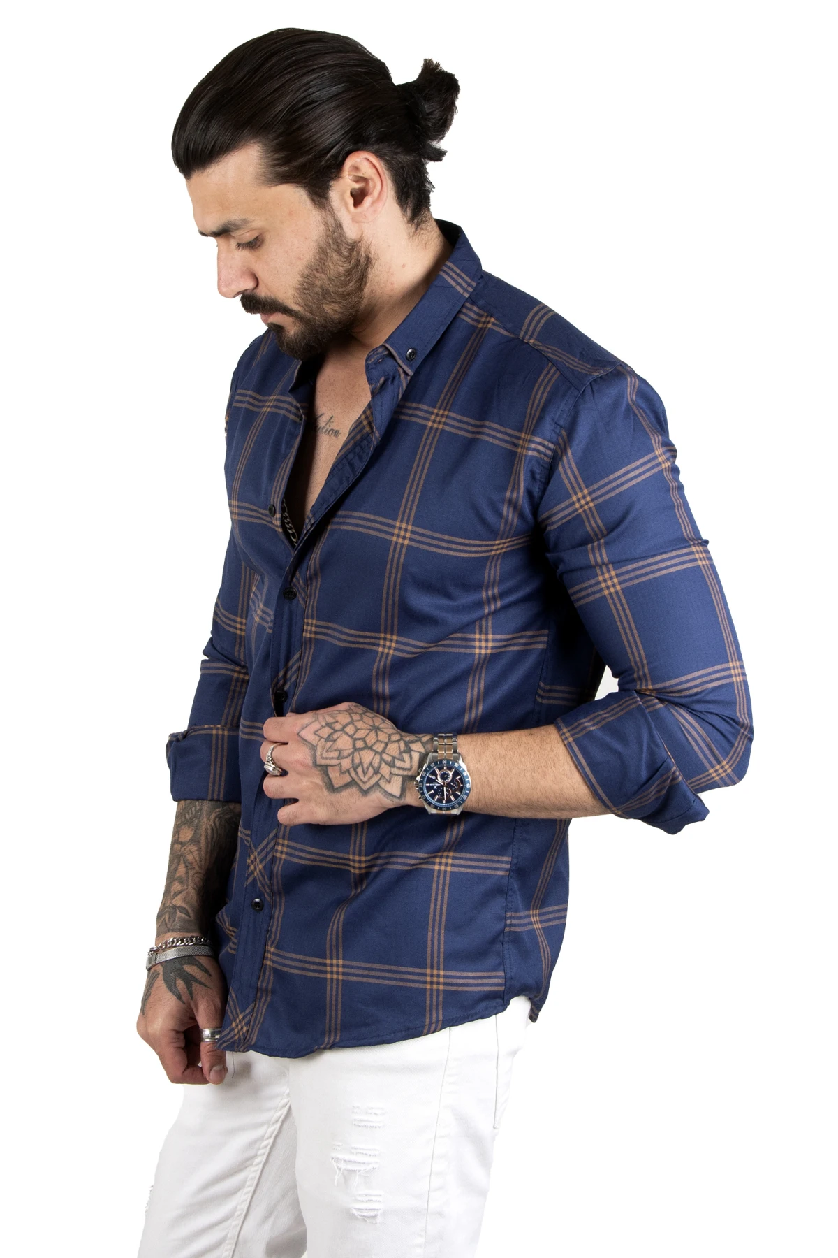 DeepSEA striped plaid patterned buttoned lycra long sleeve men's shirt 2101312