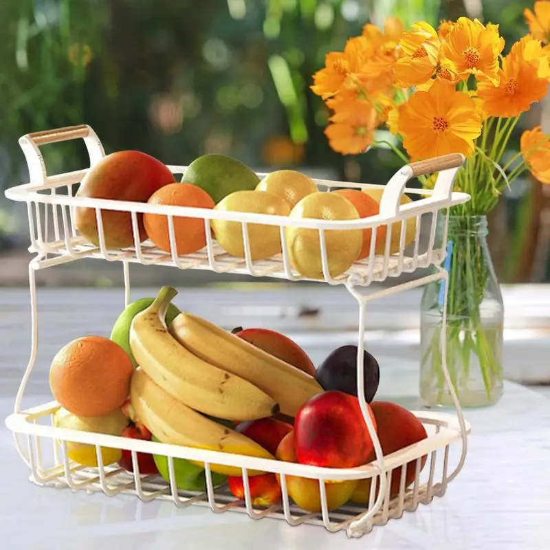 

Fruit Basket 2 Tier Fruit Basket Detachable Vegetable Storage Basket Stand With Banana Hangers Sturdy Iron Bread Baskets