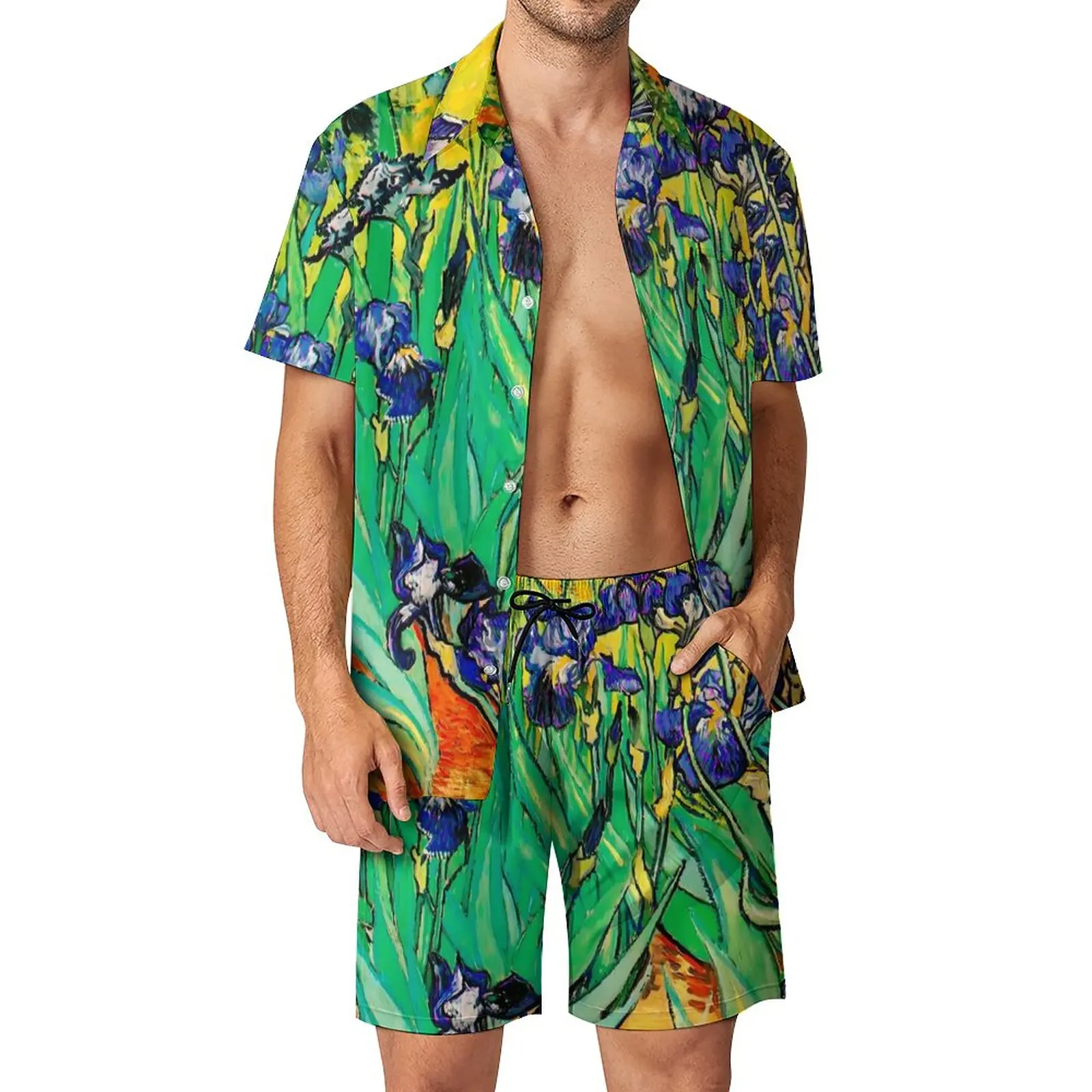

Van Gogh Men Sets Irises Purple St Remy Fashion Casual Shirt Set Short Sleeves Custom Shorts Summer Beachwear Suit Plus Size 3XL