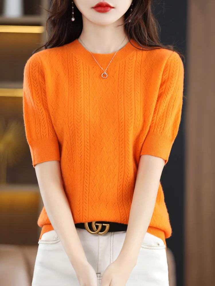 

Spring Autumn Ladies New Threaded Round Neck Short Sleeves 100% Merino Wool Knit Pullovers Solid Color Sweater Casual
