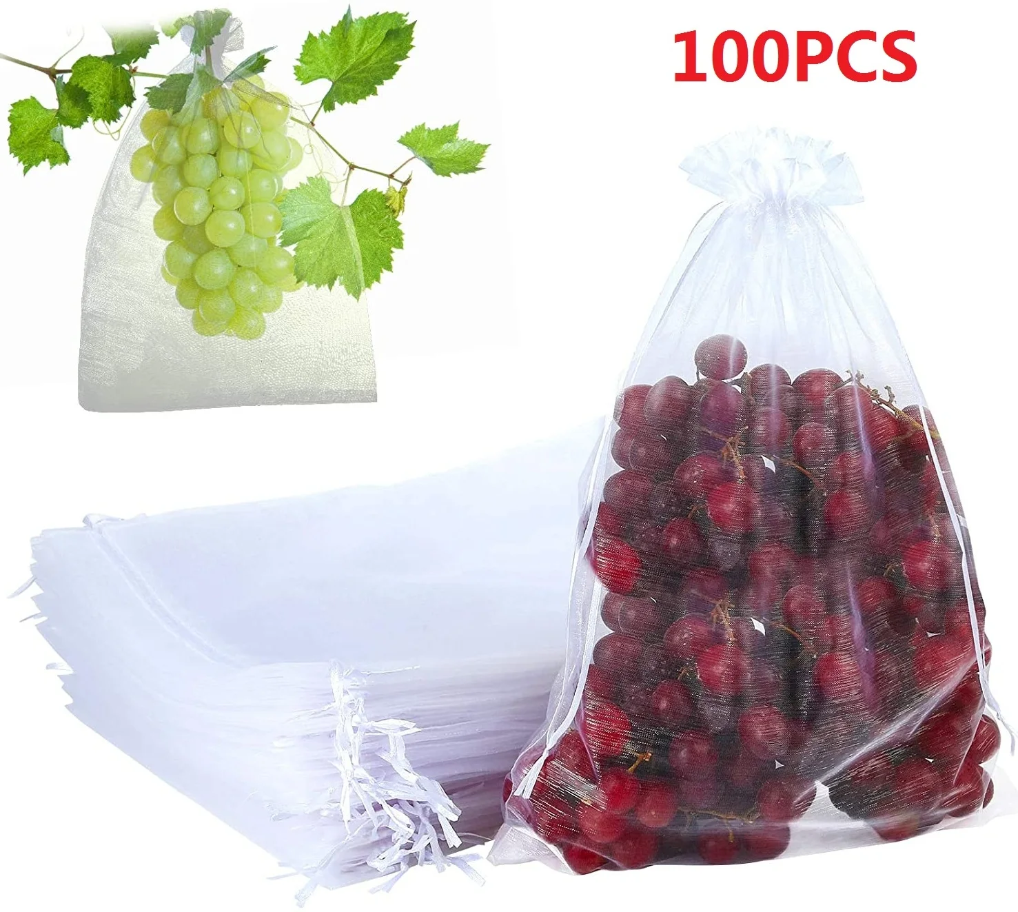 100 Pcs Strawberry Grapes Fruit Protection Bags Garden Drawstring Netting Bag Agricultural Anti-Bird Vegetable Mesh Bags