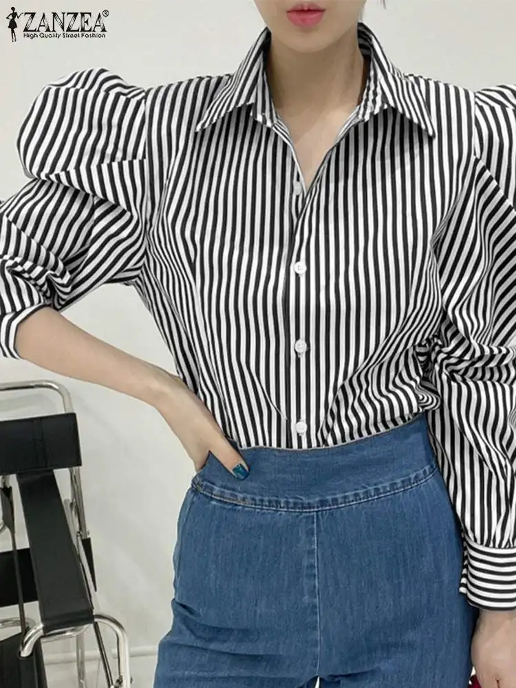

ZANZEA Elegant Blouse Women Striped Printed Camisas Casual OL Lapel Blusas Oversized Holiday Shirts 2022 Spring Puff Sleeve Tops