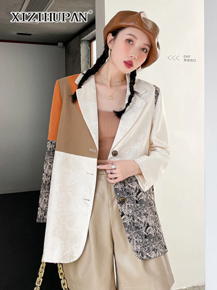 

XIZIHUPAN Vintage Patchwork Colorblock Print Blazer For Women Notched Long Sleeve Single Breasted Coats Female Fashion Clothing