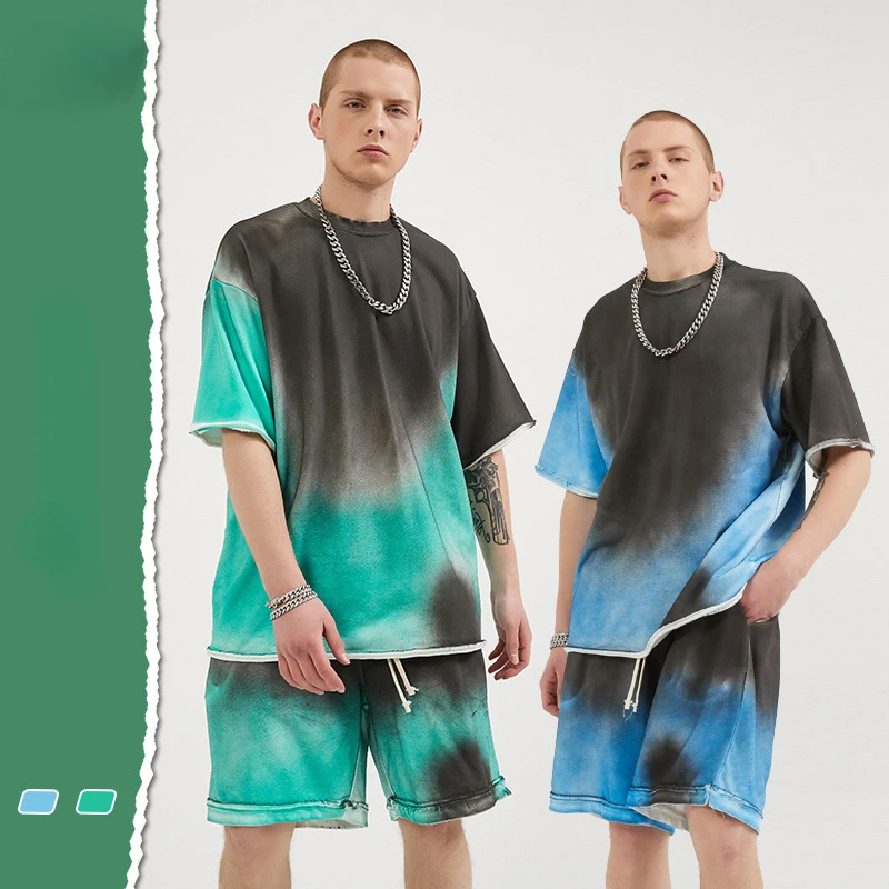 

2022 spring and summer Korea Casual dark high street spray dyeing craft retro men's Loose Shorts T Shirt Fashion Man Clothing
