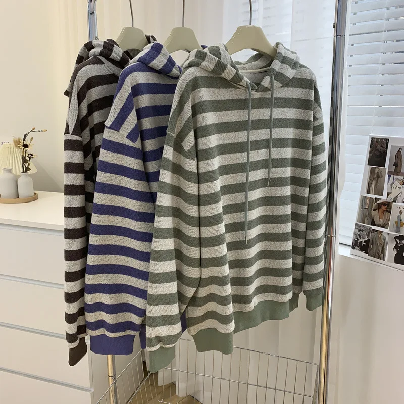 

Lazy striped fleece hooded sweater women's autumn and winter knitted thick warm top coat